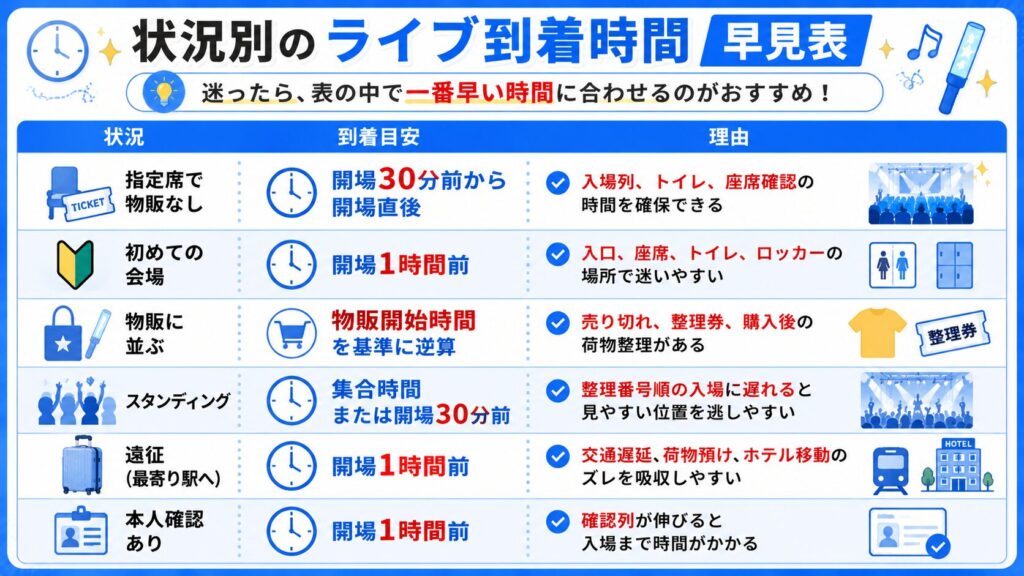 状況別のライブの到着時間
